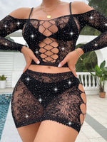 Load image into Gallery viewer, Rhinestone Studded Hollow Out Cover Up Set Without Bikini
