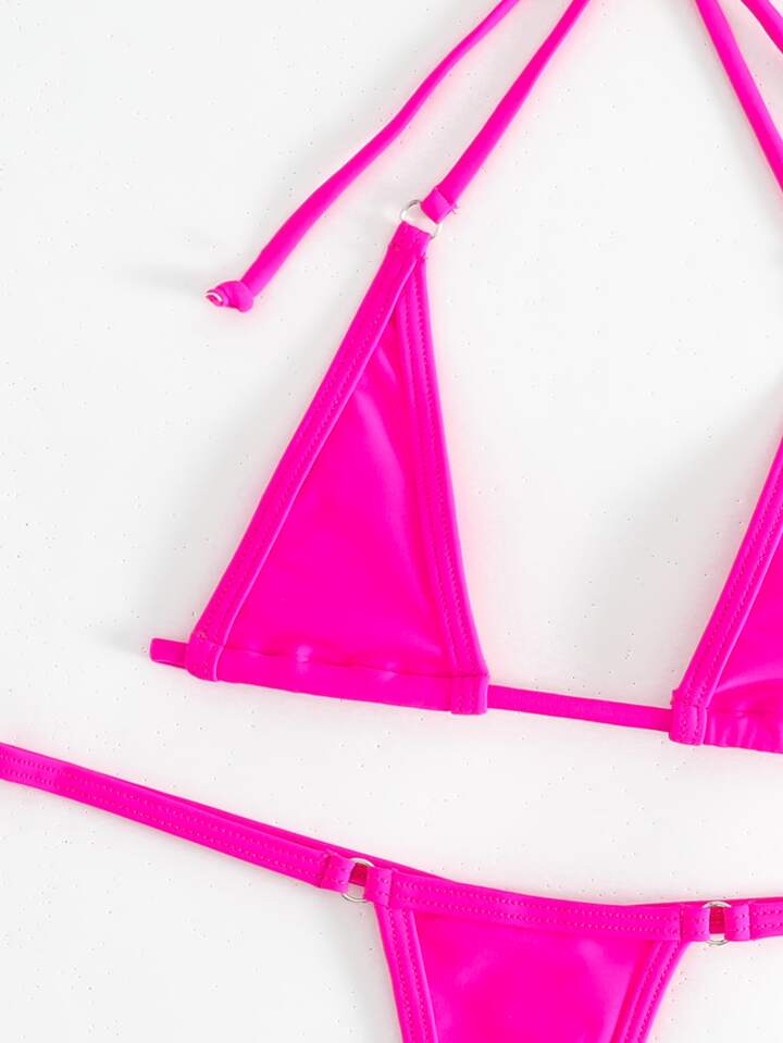Rave Bikini Set Ring Linked Halter Triangle Micro Bra & G-String Bottom 2 Piece Bathing Suit