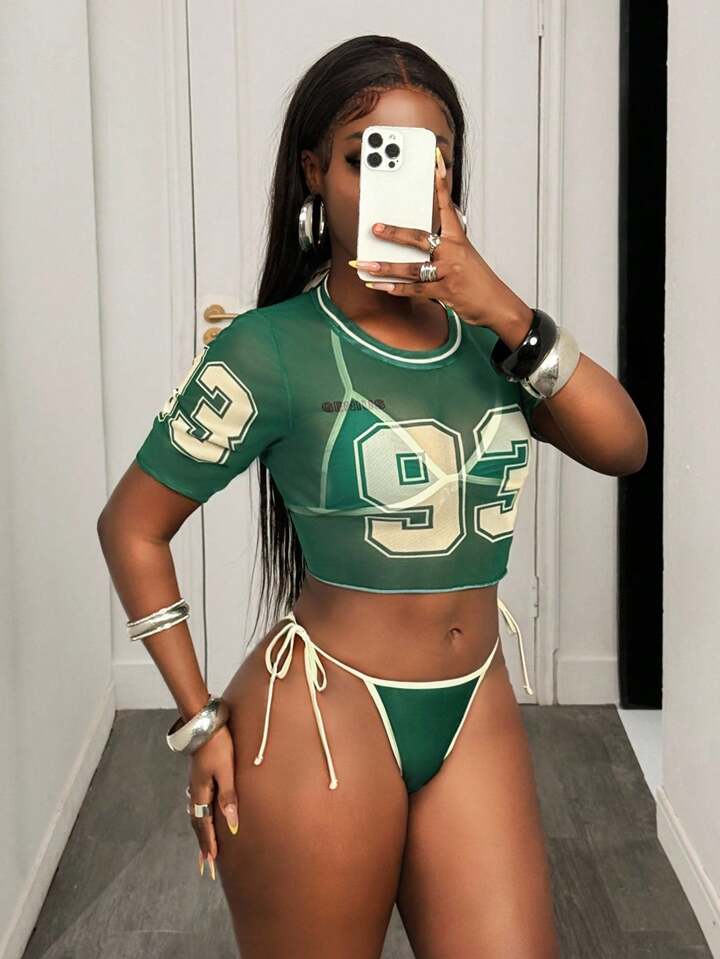 Letter Print Swim Cover Up Top & Twisting Tie Side Swim Bottoms Bikini