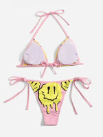 Load image into Gallery viewer, ROMWE Street Life Cartoon Face Graphic Triangle Tie Side Bikini Swimsuit
