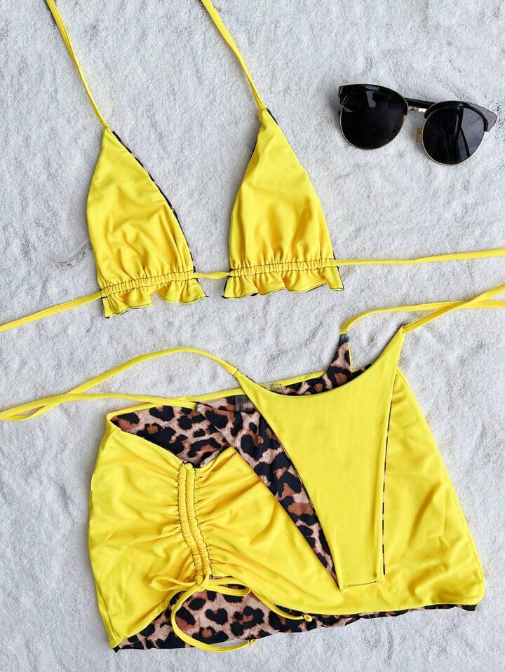 2-In-1 Reversible Leopard Print 3pcs Bikini