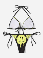 Load image into Gallery viewer, ROMWE Street Life Cartoon Face Graphic Triangle Tie Side Bikini Swimsuit
