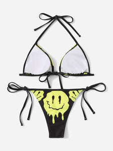 ROMWE Street Life Cartoon Face Graphic Triangle Tie Side Bikini Swimsuit