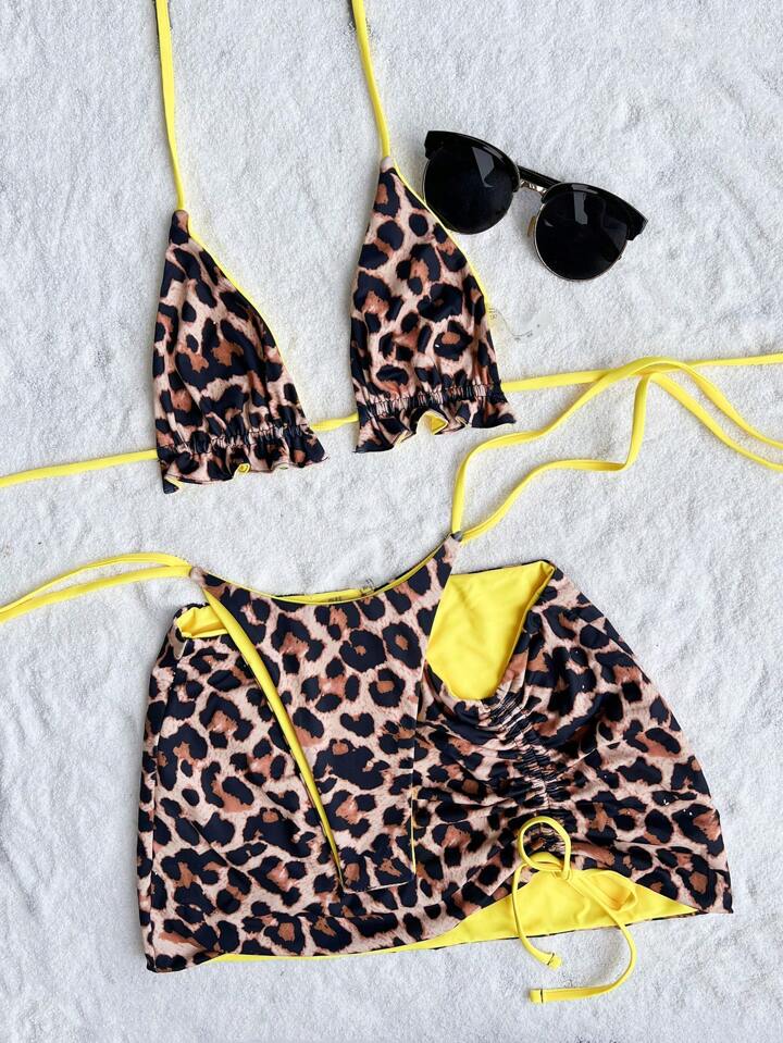 2-In-1 Reversible Leopard Print 3pcs Bikini