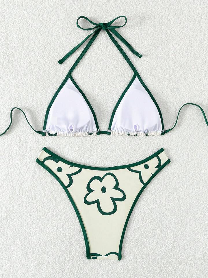Floral Printed Contrast Color Trim Bikini Set