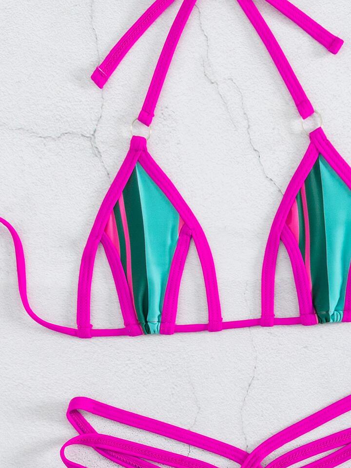 Colorblock Halter Triangle Bikini Set