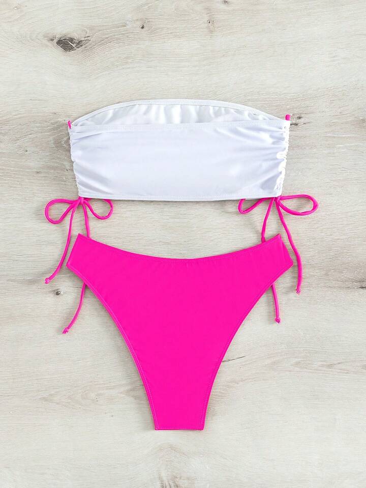 Letter Print Side Drawstring Bandeau Bikini Top And Solid Triangle Bottom Bikini Swimwear Set With Regular Fit Print