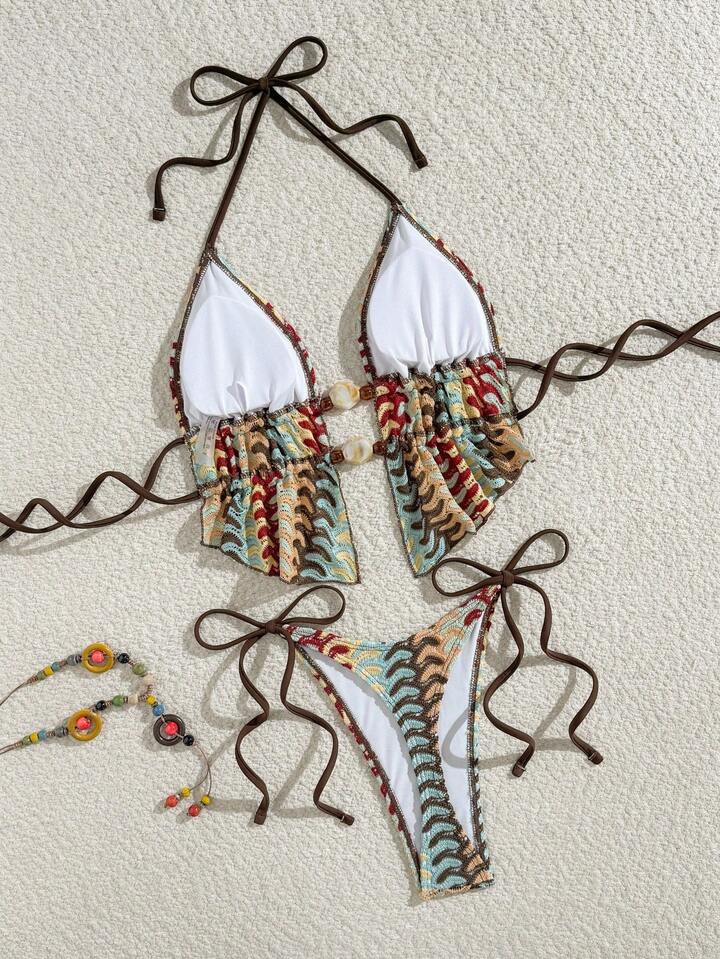 Cute Stone Bead Decor Bohemian Print Halter Tie Bikini