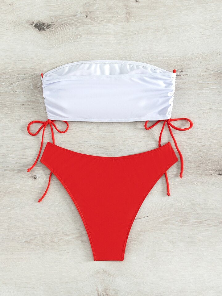 Letter Graphic Drawstring Side Bandeau Bikini Set