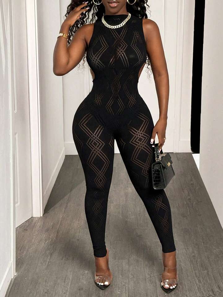 Backless Sleeveless Hollow Out Net Jumpsuit