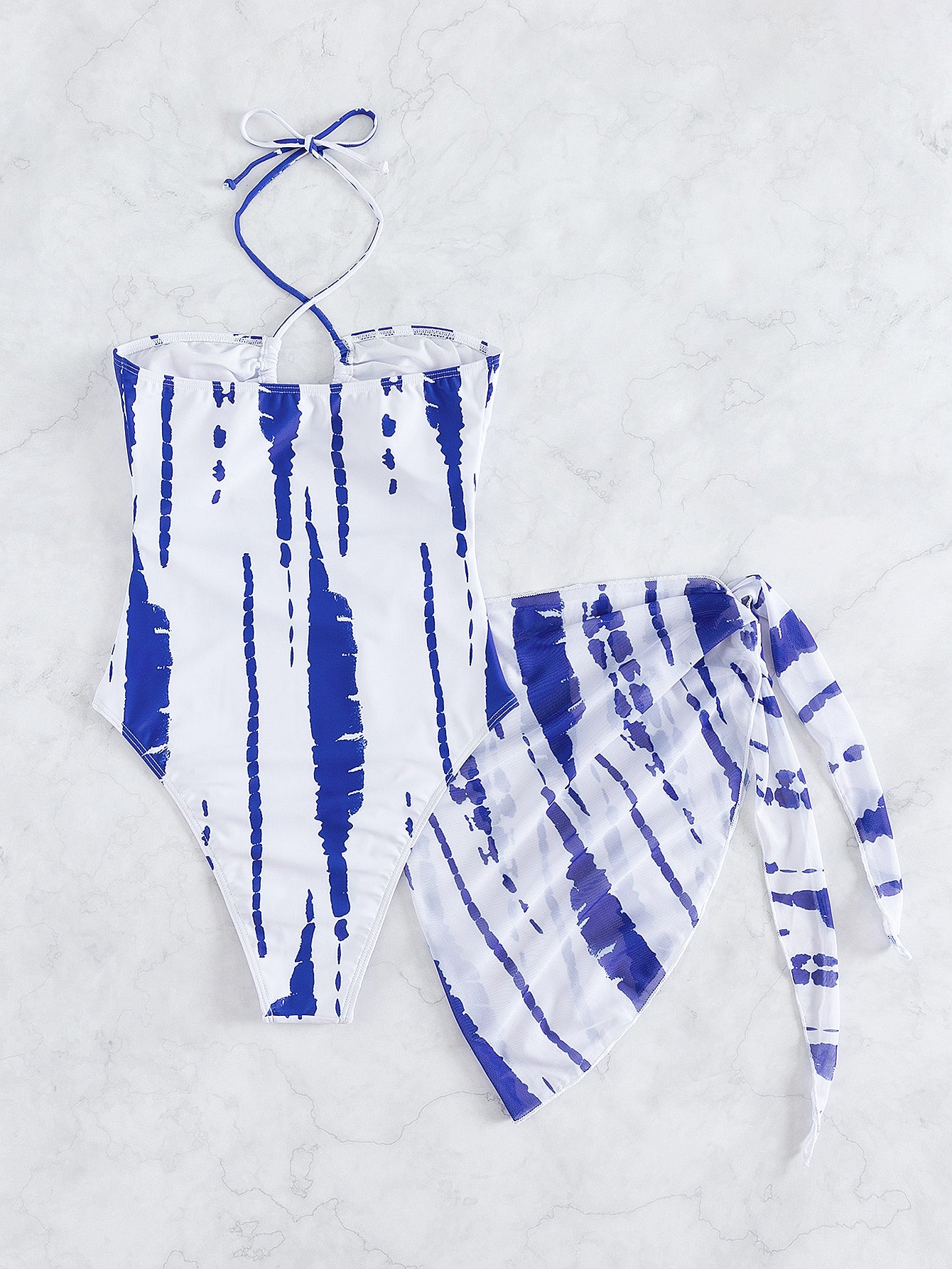 Tie Dye Cut Out Halter One Piece Swimsuit With Beach Skirt