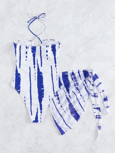 Random Tie Dye Cut Out Halter One Piece Swimsuit With Beach Skirt