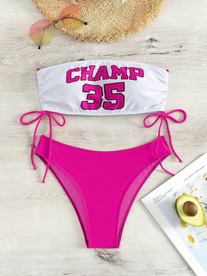 Letter Print Side Drawstring Bandeau Bikini Top And Solid Triangle Bottom Bikini Swimwear Set With Regular Fit Print
