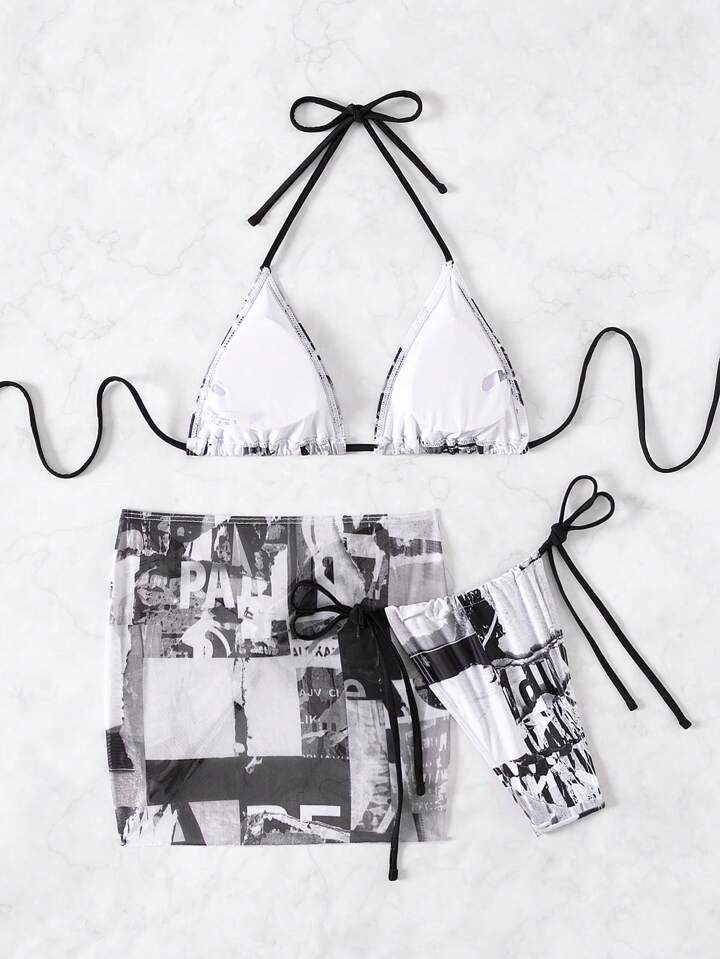Letter Printed Three-Piece Triangle Separated Bikini Set