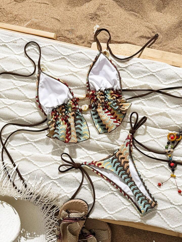 Cute Stone Bead Decor Bohemian Print Halter Tie Bikini