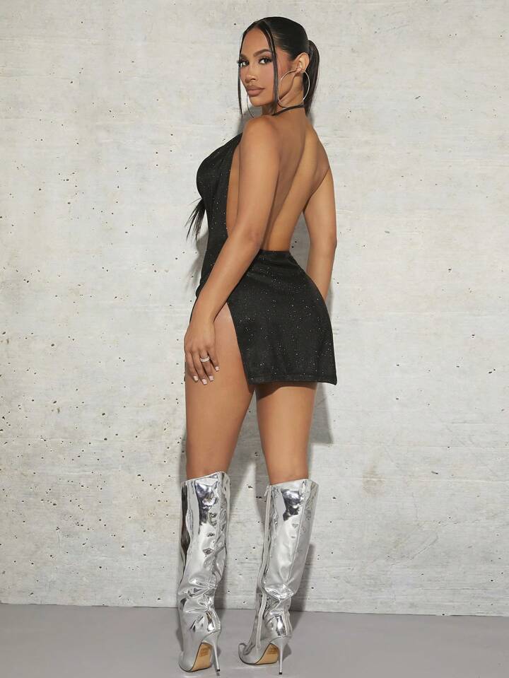 Draped Collar Split Thigh Backless Halter Neck Metallic