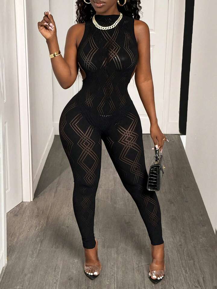 Backless Sleeveless Hollow Out Net Jumpsuit