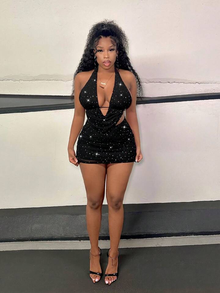 Mesh Sparkling Rhinestone Detail Halter Neckline Backless Top And Mini Skirt Set