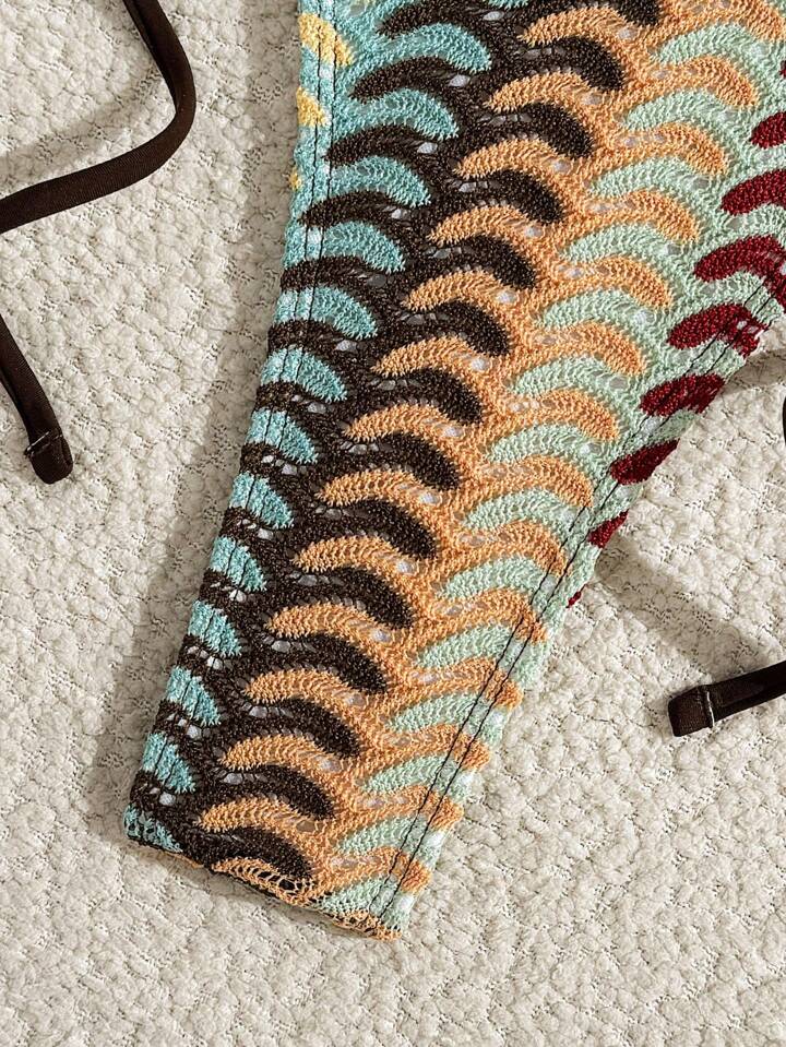 Cute Stone Bead Decor Bohemian Print Halter Tie Bikini