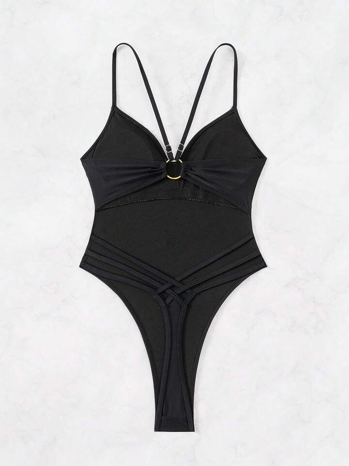 Solid Color Casual Strap One-Piece Swimsuit