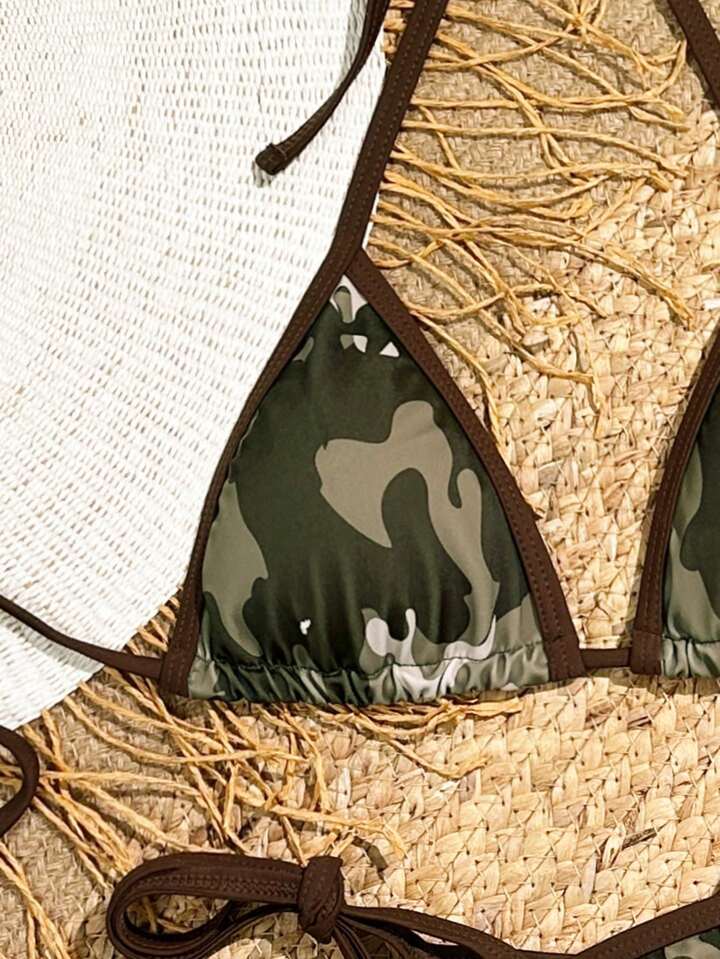 Camouflage Print Bikini Set With Shoulder Straps