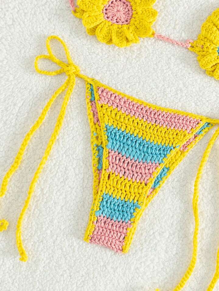 Color Block Crochet Halter Top & Brief Cover Up Sets
