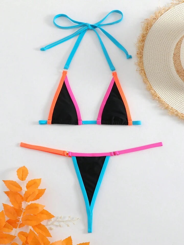 Color Block Halter Neck Bikini Set, Micro Bikini Set
