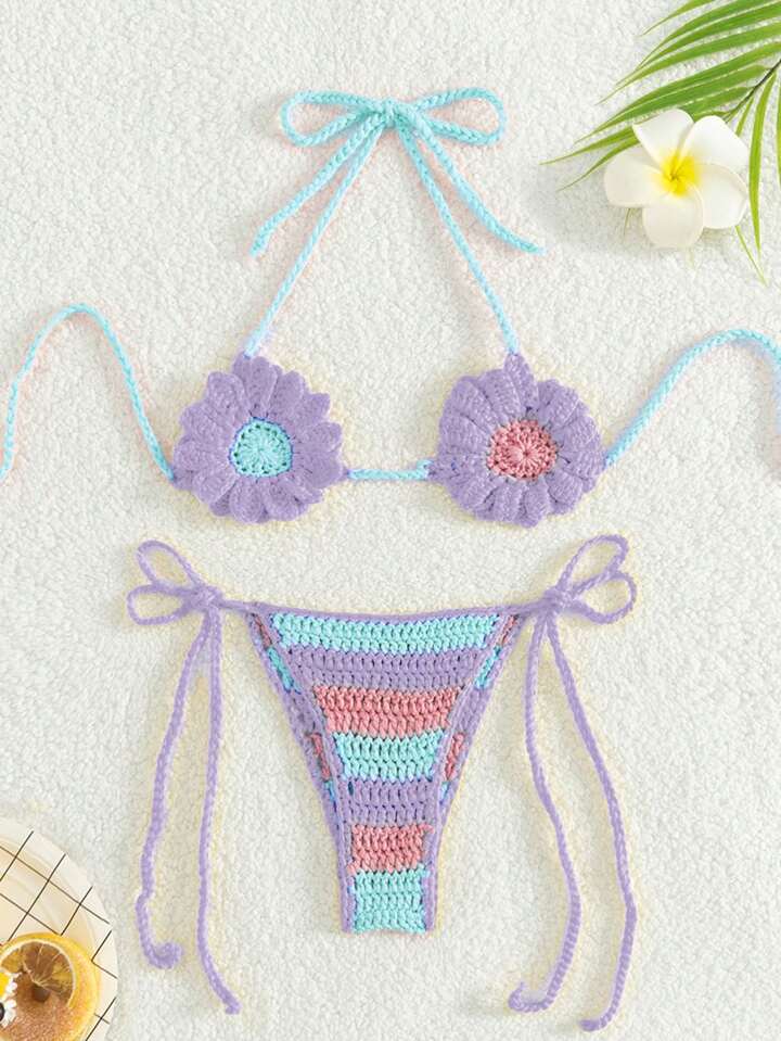 Floral Print Halter Neck Tie Front Top And Tie Side Tankini Swimsuit Set