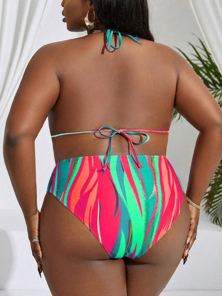 Plus Size Women 3pcs/Set Random Floral Print Halter High Waisted Bikini Set With Chiffon Long Sleeve Cover Up Beach Dress