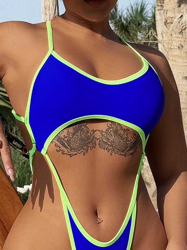 Contrast Backless Cut-Out Monokini Swimsuit Set
