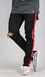 Load image into Gallery viewer, Black Red Track Zipper Jeans
