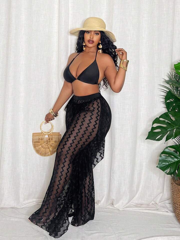 Plus Size Women Wave Striped Mesh Cover Up & Wide Leg Pants Set