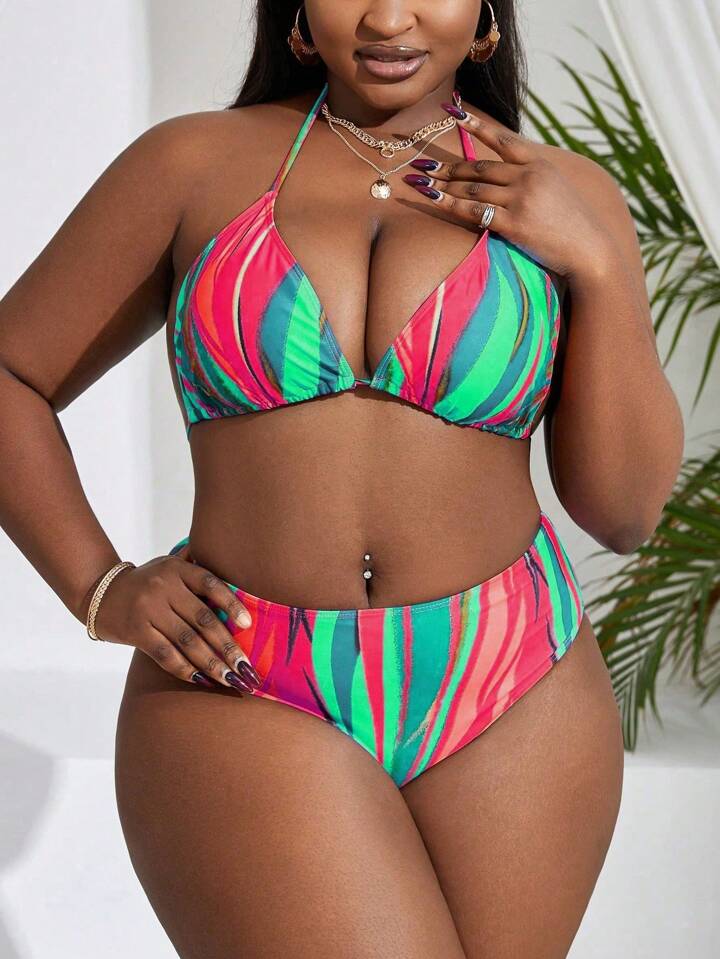 Plus Size Women 3pcs/Set Random Floral Print Halter High Waisted Bikini Set With Chiffon Long Sleeve Cover Up Beach Dress
