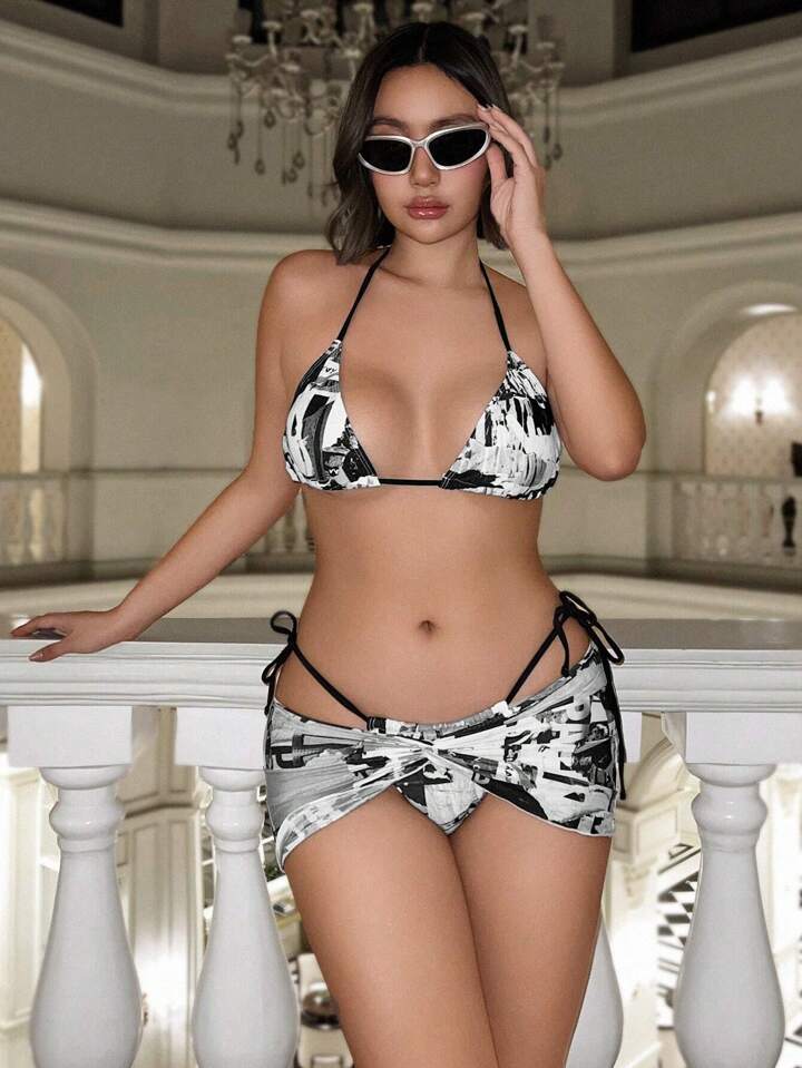 Letter Printed Three-Piece Triangle Separated Bikini Set
