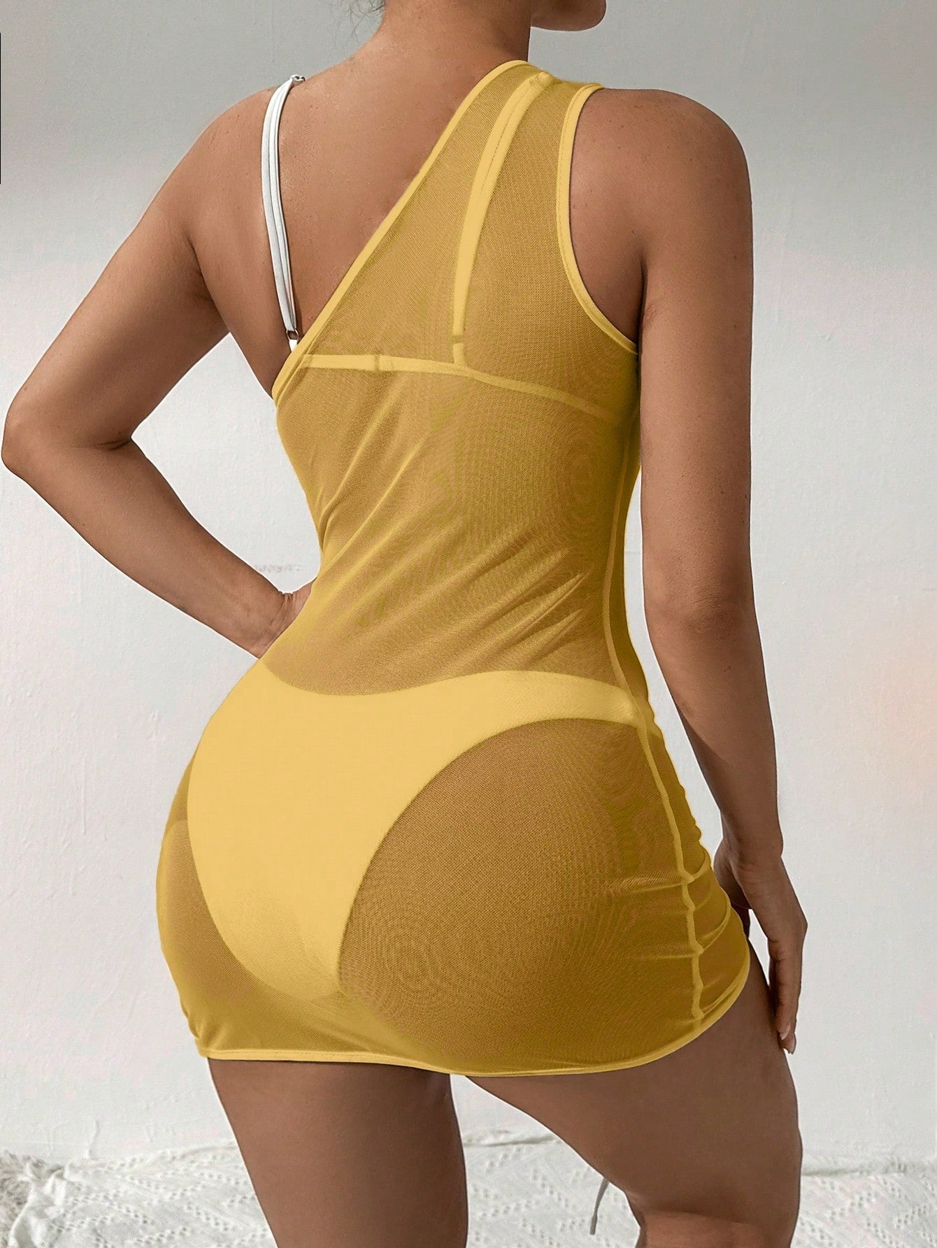 Drawstring Front One Shoulder Cover Up Dress