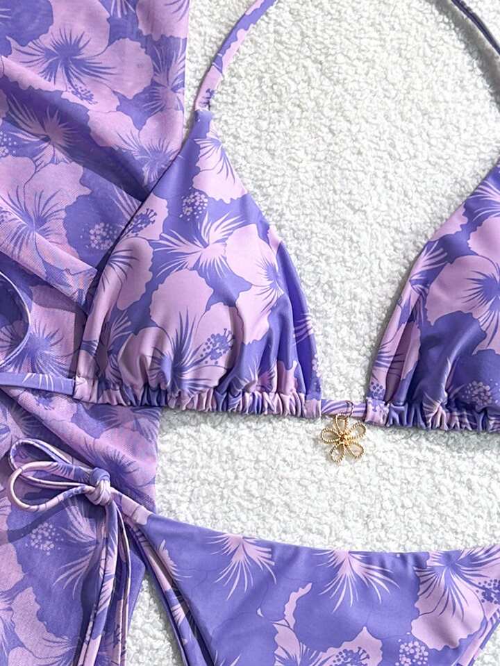 Random Floral Print Halter Neck Beach Dress With Tie Waist & Vintage Bikini