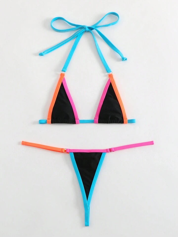 Color Block Halter Neck Bikini Set, Micro Bikini Set