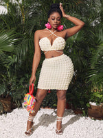 Load image into Gallery viewer, Beige Bow Knot Strap Mini Bralette &amp; Bubble Gingham Bodycon Skirt Set
