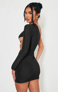 Black Slinky One Shoulder Trim Detail Cut Out Bodycon Dress