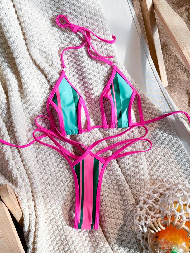 Colorblock Halter Triangle Bikini Set