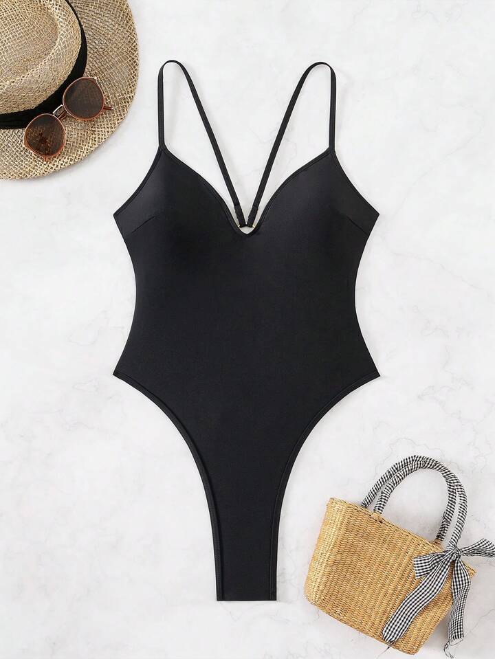 Solid Color Casual Strap One-Piece Swimsuit