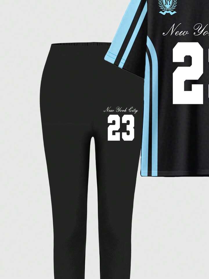 Number 23 & Slogan Graphic Print Short Sleeve Top And Skinny Leggings 2 Pieces Set