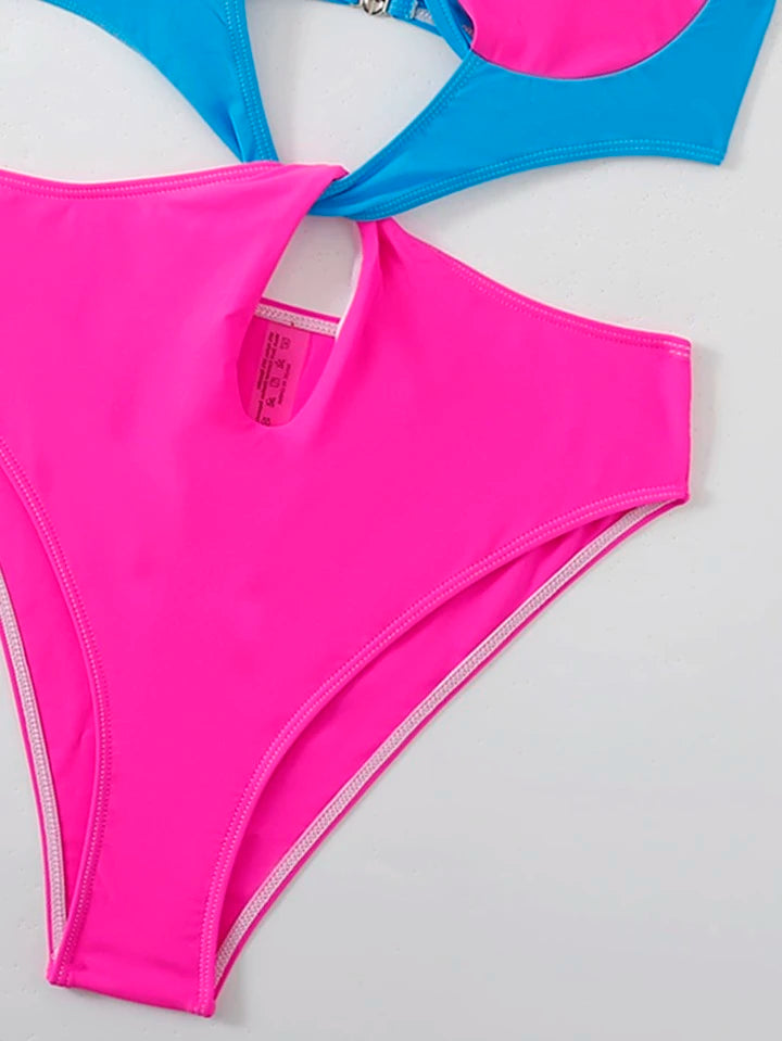 Colorblock Cut Out Tie Back Underwire One Piece Swimsuit