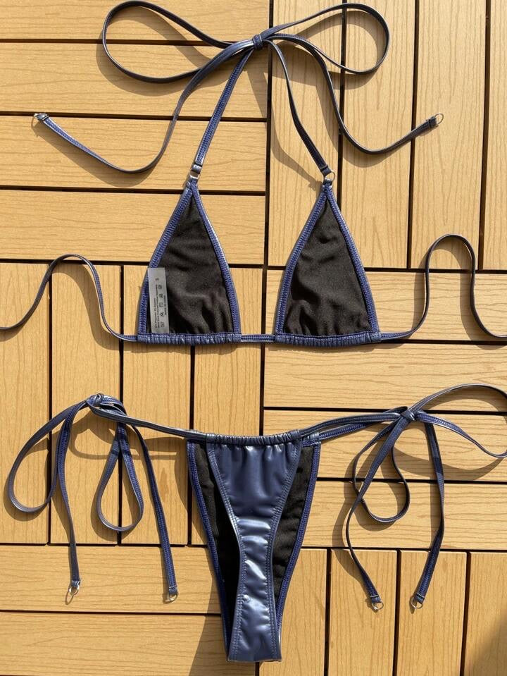 Halter Triangle Tie Side Bikini Swimsuit  Navy