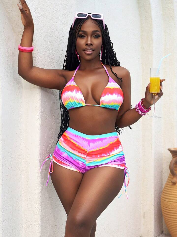 Gradient Printed Frill Two-Piece Swimwear Bikini Beach Shorts Set