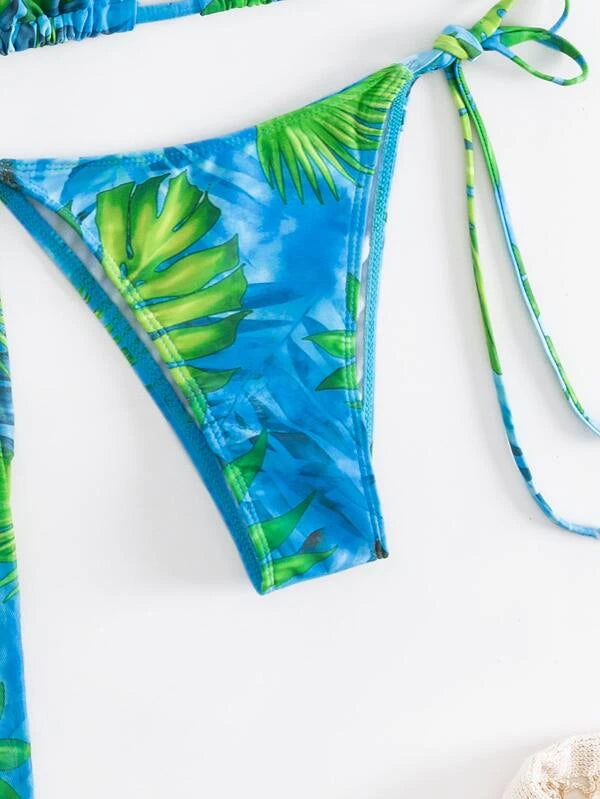 Tropical Print Triangle Bikini Swimsuit With Kimono