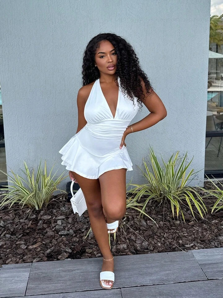 Halter Neck High Elastic Waist A Hem Tight Jumpsuit With Ruffles