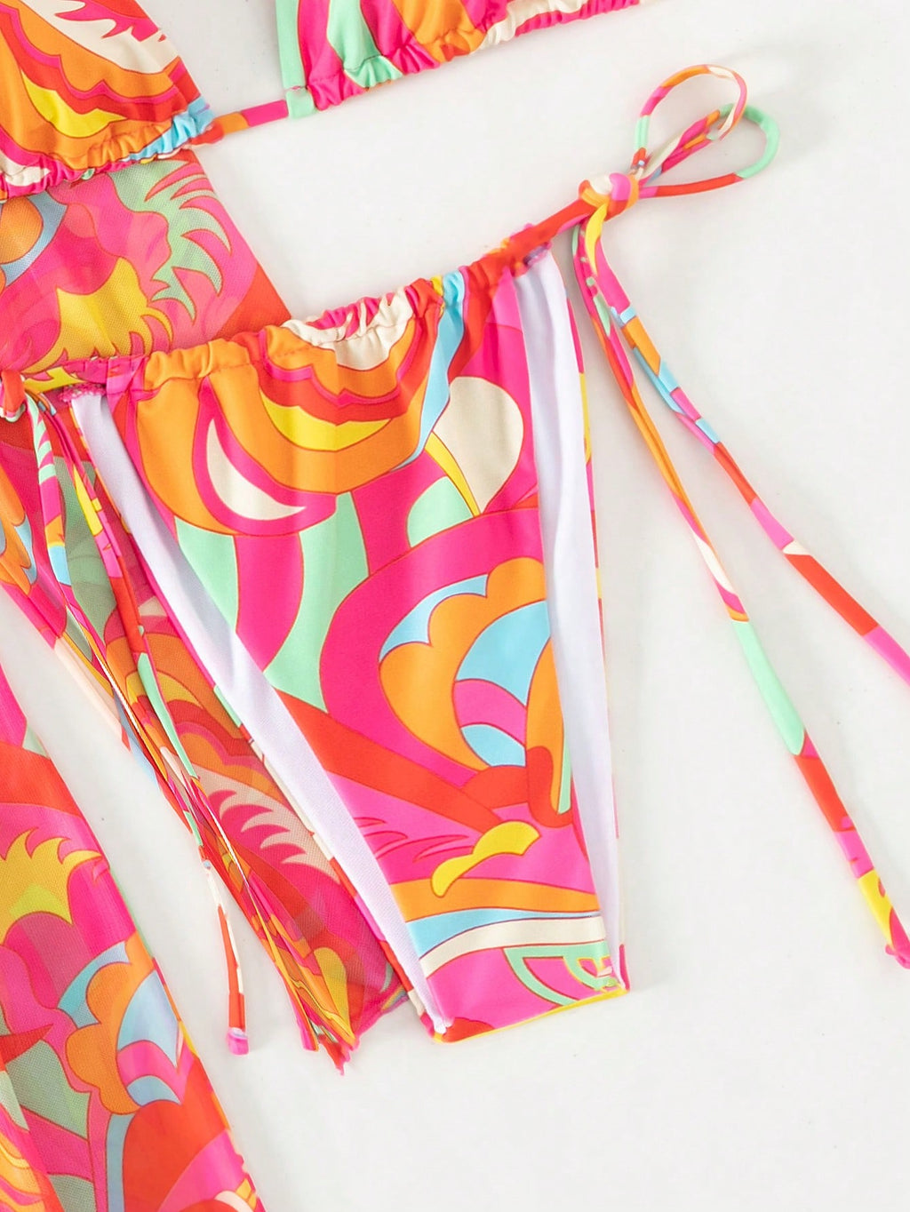 Allover Print Halter Triangle Bikini Swimsuit With Kimono