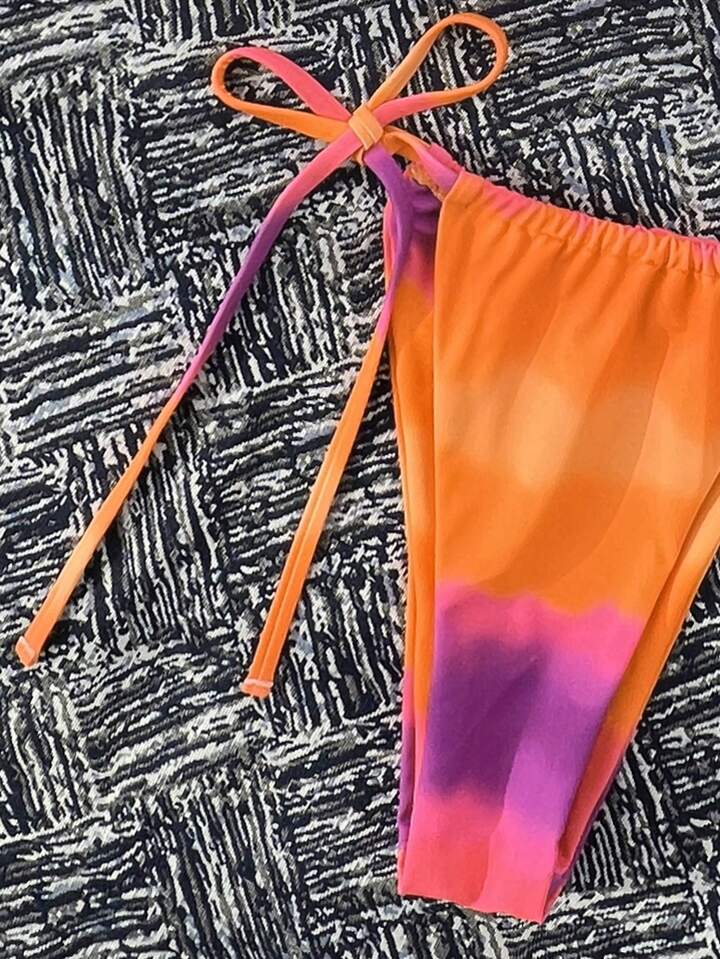 Spaghetti Strap Halter Top And Side Tie Bikini Bottom Bikini Set Set