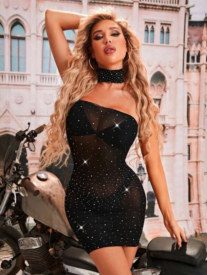 A Black Diamond Dress With A Neck Loop